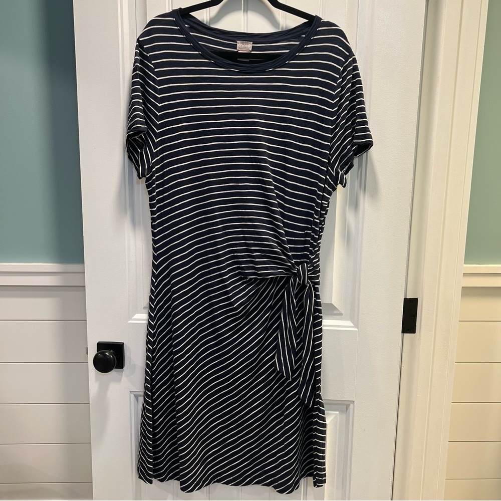 Chico’s Navy Dress with White‎ Stripes and Side Tie. Short Sleeved. Size 3.